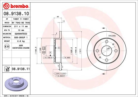 Brembo 08.9138.10 - Тормозной диск abcparts.ee