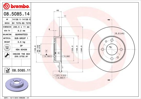 Brembo 08.5085.11 - Тормозной диск abcparts.ee