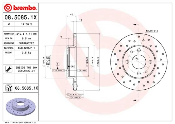 Brembo 08.5085.1X - Тормозной диск abcparts.ee
