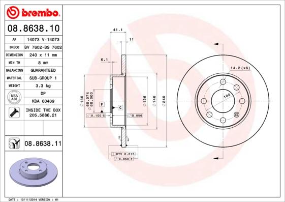 Brembo 08.8638.10 - Тормозной диск abcparts.ee
