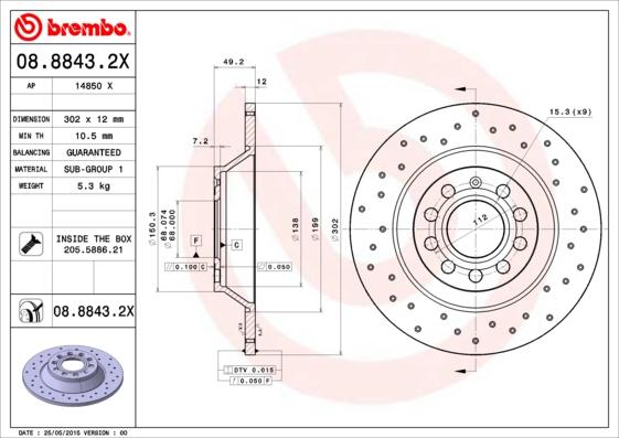 Brembo 08.8843.2X - Тормозной диск abcparts.ee