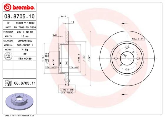Brembo 08.8705.10 - Тормозной диск abcparts.ee