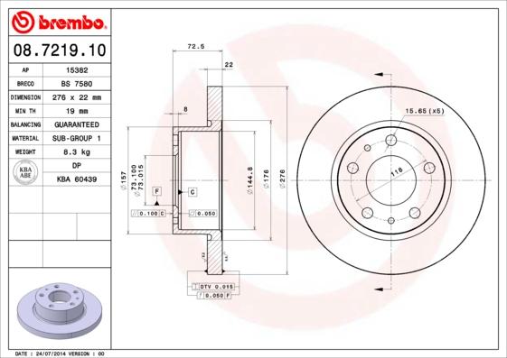 Brembo 08.7219.10 - Тормозной диск abcparts.ee
