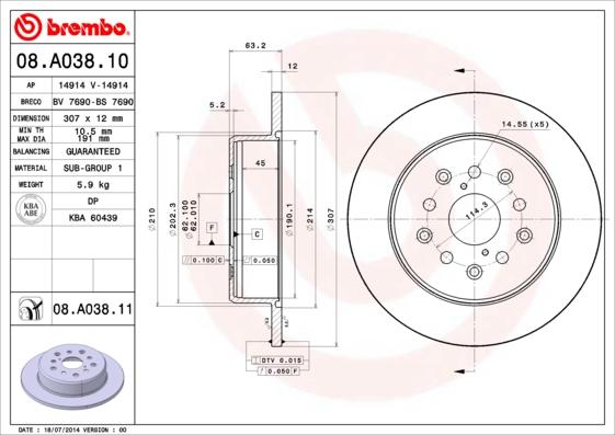 Brembo 08.A038.10 - Тормозной диск abcparts.ee