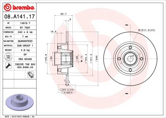 Brembo 08.A141.17 - Тормозной диск abcparts.ee