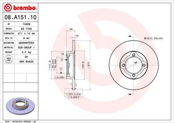 Brembo 08.A151.10 - Тормозной диск abcparts.ee