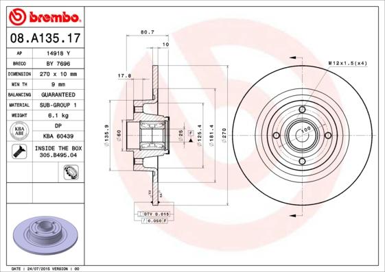 Brembo 08.A135.17 - Тормозной диск abcparts.ee