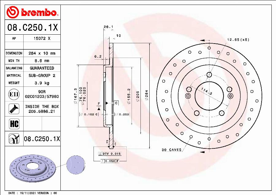 Brembo 08.C250.1X - Тормозной диск abcparts.ee