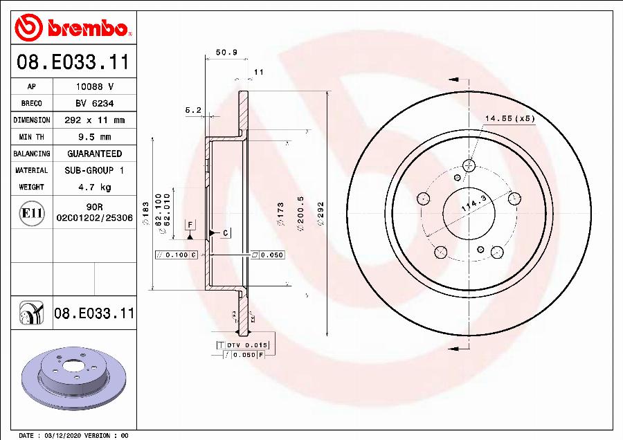 Brembo 08.E033.11 - Тормозной диск abcparts.ee