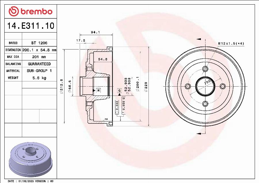 Brembo 14.E311.10 - Тормозной барабан abcparts.ee