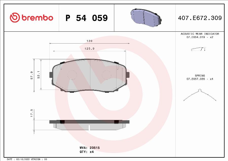 Brembo P 54 059 - Тормозные колодки, дисковые, комплект abcparts.ee