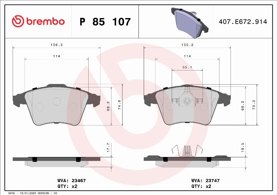 Brembo P 85 107 - Тормозные колодки, дисковые, комплект abcparts.ee