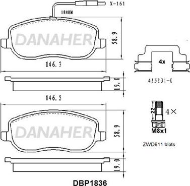 Danaher DBP1836 - Тормозные колодки, дисковые, комплект abcparts.ee