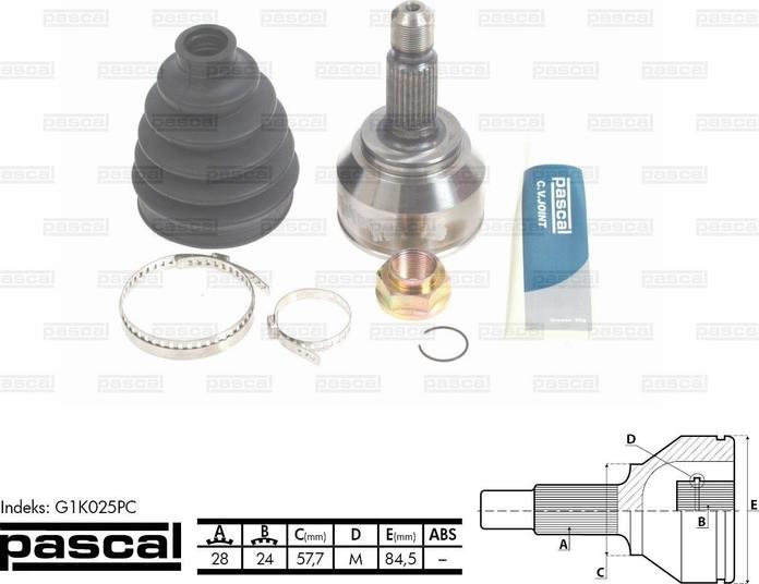 Pascal G1K025PC - Комплект ШРУСа, приводной вал, шарнир abcparts.ee