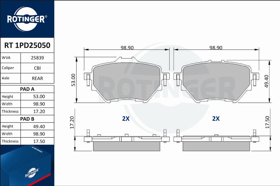 Rotinger RT 1PD25050 - Тормозные колодки, дисковые, комплект abcparts.ee