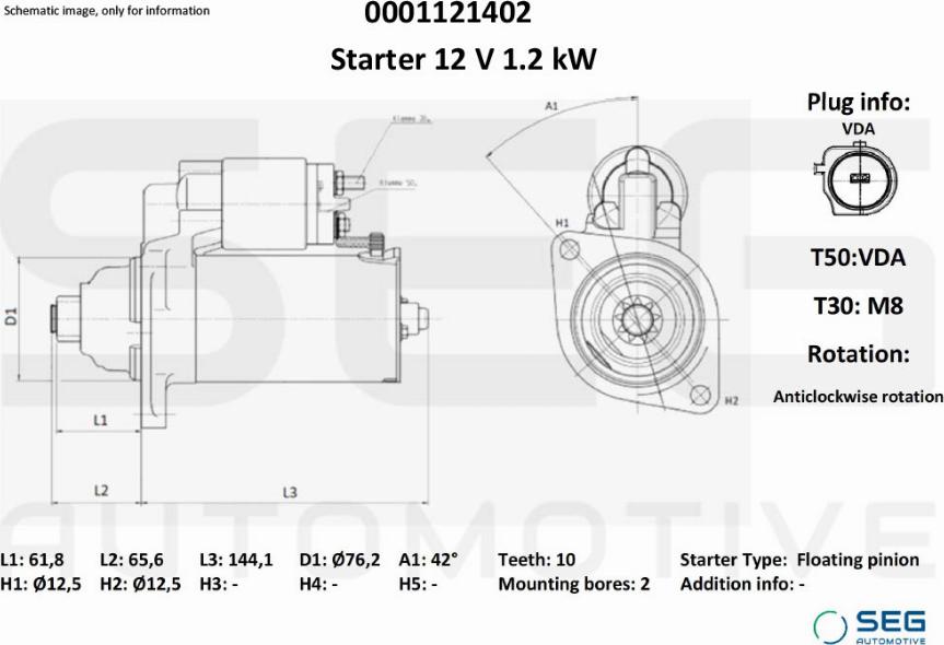 SEG AUTOMOTIVE 0001121402 - Стартер abcparts.ee
