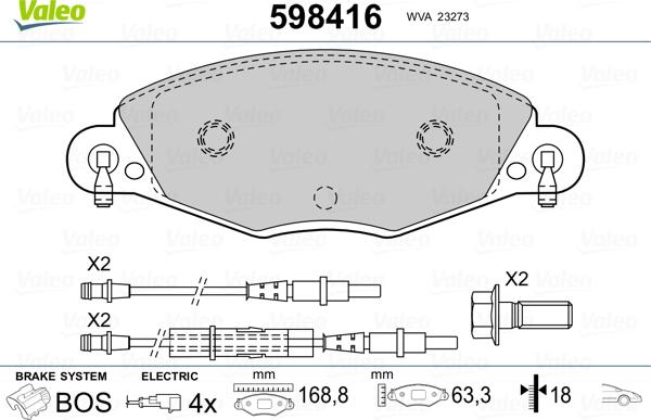 VALEO 598416 - Тормозные колодки, дисковые, комплект abcparts.ee