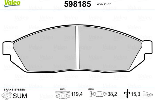 VALEO 598185 - Тормозные колодки, дисковые, комплект abcparts.ee