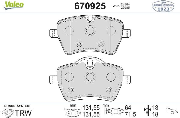 VALEO 670925 - Тормозные колодки, дисковые, комплект abcparts.ee