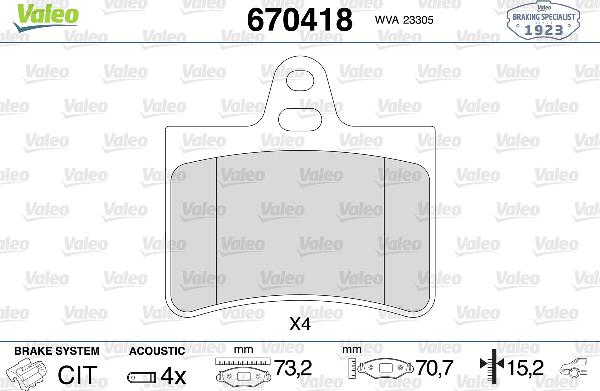 VALEO 670418 - Тормозные колодки, дисковые, комплект abcparts.ee