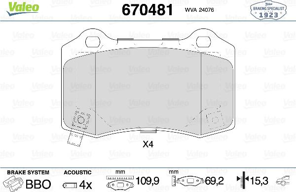 Valeo 670481 - Тормозные колодки, дисковые, комплект abcparts.ee