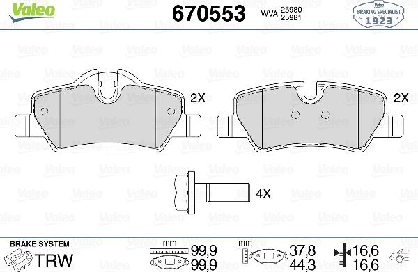 Valeo 670553 - Тормозные колодки, дисковые, комплект abcparts.ee