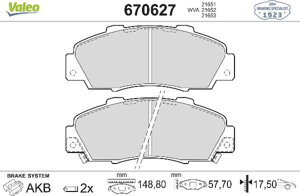 VALEO 670627 - Тормозные колодки, дисковые, комплект abcparts.ee