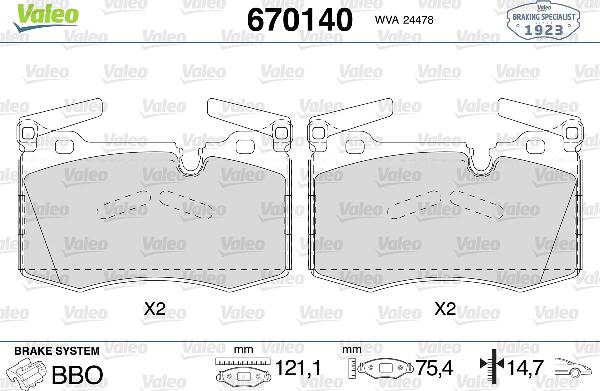 VALEO 670140 - Тормозные колодки, дисковые, комплект abcparts.ee
