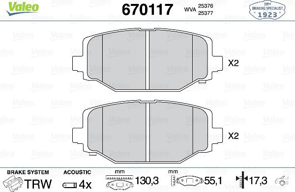 VALEO 670117 - Тормозные колодки, дисковые, комплект abcparts.ee