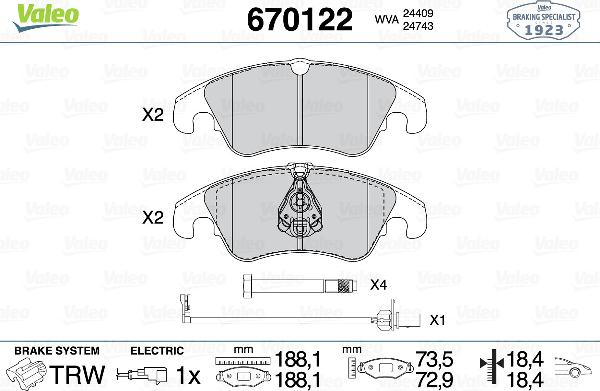 VALEO 670122 - Тормозные колодки, дисковые, комплект abcparts.ee