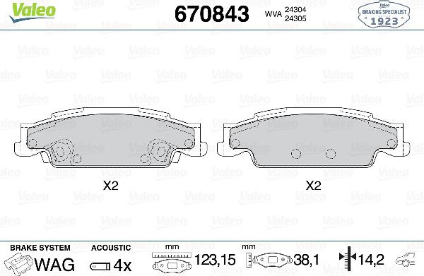 Valeo 670843 - Тормозные колодки, дисковые, комплект abcparts.ee