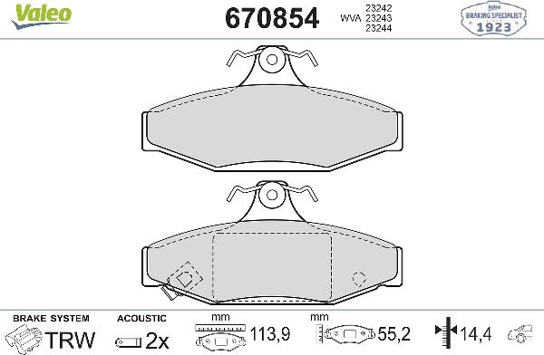 VALEO 670854 - Тормозные колодки, дисковые, комплект abcparts.ee