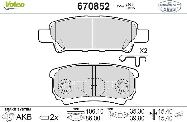 VALEO 670852 - Тормозные колодки, дисковые, комплект abcparts.ee