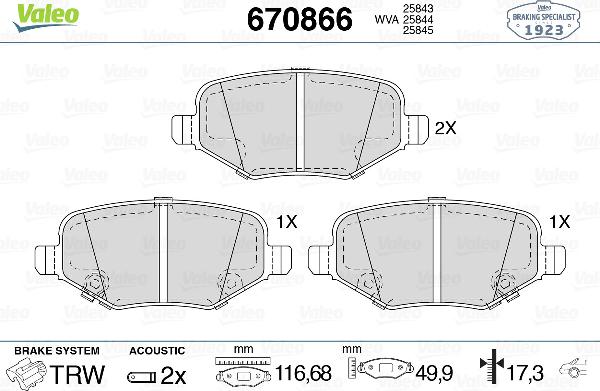 VALEO 670866 - Тормозные колодки, дисковые, комплект abcparts.ee