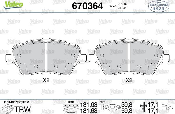 Valeo 670364 - Тормозные колодки, дисковые, комплект abcparts.ee