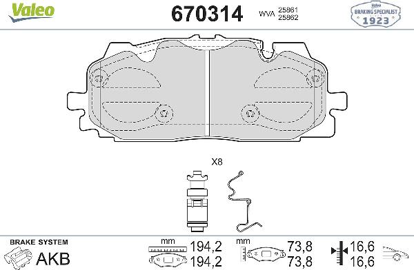 Valeo 670314 - Тормозные колодки, дисковые, комплект abcparts.ee