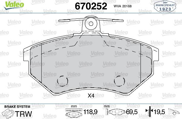 VALEO 670252 - Тормозные колодки, дисковые, комплект abcparts.ee
