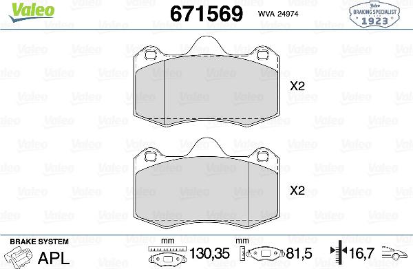 Valeo 671569 - Тормозные колодки, дисковые, комплект abcparts.ee