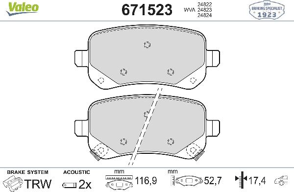 VALEO 671523 - Тормозные колодки, дисковые, комплект abcparts.ee