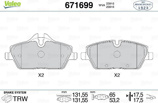 Valeo 671699 - Тормозные колодки, дисковые, комплект abcparts.ee
