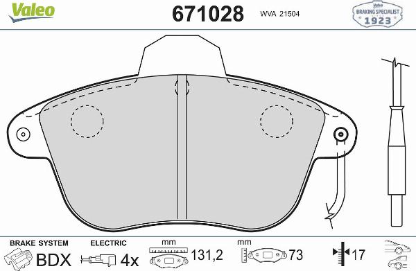 Valeo 671028 - Тормозные колодки, дисковые, комплект abcparts.ee