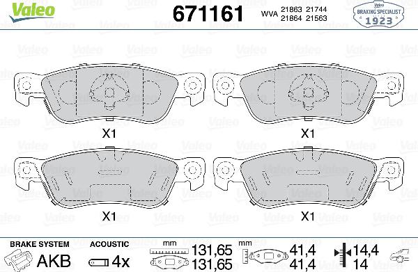 VALEO 671161 - Тормозные колодки, дисковые, комплект abcparts.ee