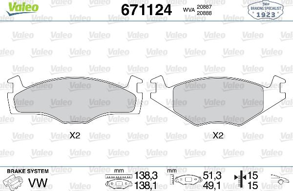 VALEO 671124 - Тормозные колодки, дисковые, комплект abcparts.ee