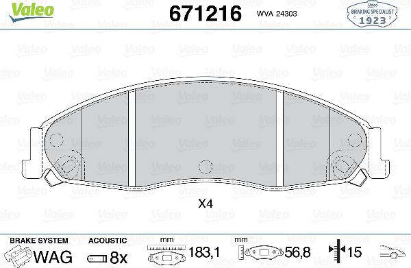 Valeo 671216 - Тормозные колодки, дисковые, комплект abcparts.ee