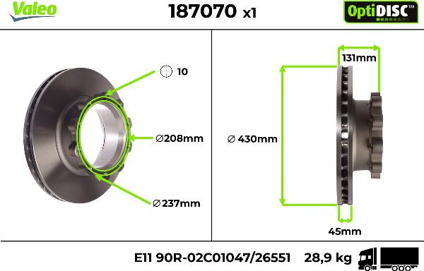 Valeo 187070 - Тормозной диск abcparts.ee