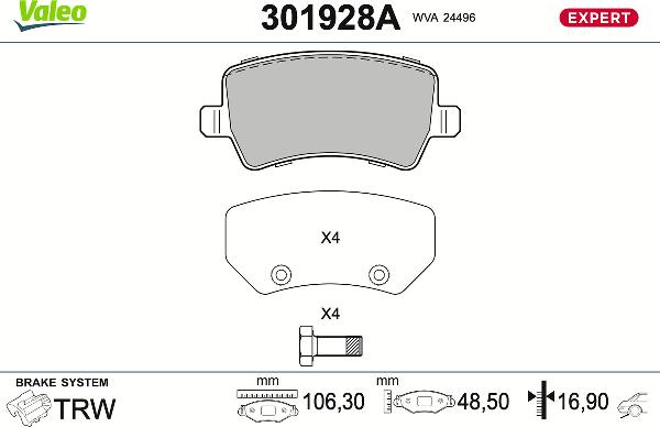 VALEO 301928A - Тормозные колодки, дисковые, комплект abcparts.ee