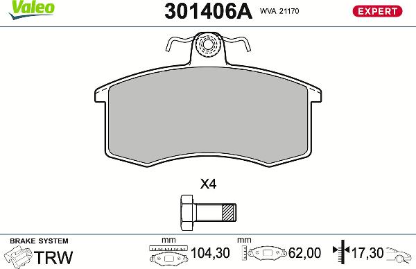 Valeo 301406A - Тормозные колодки, дисковые, комплект abcparts.ee
