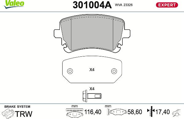 VALEO 301004A - Тормозные колодки, дисковые, комплект abcparts.ee