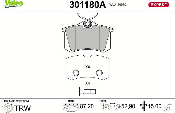 VALEO 301180A - Тормозные колодки, дисковые, комплект abcparts.ee