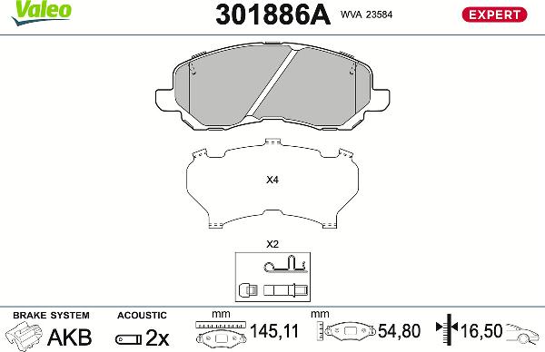 VALEO 301886A - Тормозные колодки, дисковые, комплект abcparts.ee